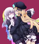  :d abigail_williams_(fate/grand_order) bags_under_eyes black_bow black_dress black_hat black_nails blonde_hair blue_eyes blush bow bug butterfly closed_mouth commentary_request cowboy_shot dress fate/grand_order fate_(series) fingernails from_behind fumotewi hair_bow hat highres hug insect lavinia_whateley_(fate/grand_order) long_hair long_sleeves multiple_girls nail_polish nose_blush open_mouth orange_bow polka_dot polka_dot_bow purple_background simple_background sleeves_past_wrists smile underwear very_long_hair white_hair yuri 