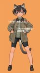  :3 animal_ears bike_shorts black_eyes black_hair brown_footwear cat_ears cat_tail full_body hands_in_pockets jacket kullamas_blengkam military military_uniform shimada_fumikane shoes simple_background solo sweater tail translated uniform world_witches_series 