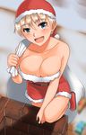  blue_eyes blush brave_witches breasts cleavage collarbone hat highres hiroshi_(hunter-of-kct) large_breasts looking_at_viewer nikka_edvardine_katajainen open_mouth santa_costume santa_hat short_hair smile solo white_hair world_witches_series 