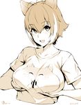  animal_ears antenna_hair blazblue blush breast_lift breasts dated eyebrows_visible_through_hair hamster highres large_breasts looking_at_viewer makoto_nanaya monochrome multicolored_hair purinnssu shirt short_hair short_sleeves smile solo squirrel_ears squirrel_girl t-shirt twitter_username upper_body 
