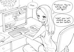  1girl 4chan blush butt_plug chair computer desk from_above idolmaster imageboard long_hair looking_at_viewer looking_back minase_iori monitor monochrome shorts sideboob sitting text 