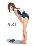  barefoot bent_over brown_eyes brown_hair dated from_side full_body gufu_(guffuumu) hair_ornament hands_on_own_thighs i-401_(kantai_collection) kantai_collection looking_at_viewer military military_vehicle one-piece_swimsuit open_mouth pun sailor_collar sailor_shirt school_swimsuit seaplane shadow shirt sleeveless sleeveless_shirt smile solo swimsuit tan white_background 