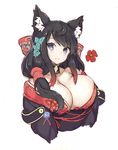  animal_ears azur_lane bangs bare_shoulders black_hair black_kimono blush breasts camellia cat_ears cropped_torso eyebrows_visible_through_hair flower fusou_(azur_lane) goekawa gradient_hair hair_ornament huge_breasts japanese_clothes kimono long_hair looking_at_viewer multicolored_hair parted_lips red_flower red_hair sidelocks simple_background smile solo white_background 