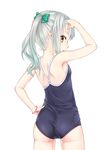  arm_up ass bare_arms blue_swimsuit bow breasts commentary_request competition_school_swimsuit cowboy_shot from_behind gotou_hisashi gradient_hair green_hair hair_bow hand_on_hip kantai_collection kasumi_(kantai_collection) long_hair looking_back multicolored_hair one-piece_swimsuit parted_lips profile school_swimsuit side_ponytail silver_hair simple_background small_breasts solo swimsuit two-tone_hair white_background wristband yellow_eyes 