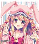  :d animal_hat badge bangs beret blue_eyes blush bow bowtie braid brown_hair bunny bunny_hat button_badge choker collarbone commentary_request eyebrows_visible_through_hair fingernails hair_between_eyes hair_bow hair_ribbon hat head_tilt long_sleeves looking_at_viewer mizuki_yuuma open_mouth original partial_commentary pink_bow pink_hat pink_shirt puffy_long_sleeves puffy_sleeves red_bow red_neckwear red_ribbon ribbon shirt sidelocks smile solo striped striped_background twin_braids vertical-striped_background vertical_stripes white_choker 