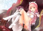  bangs black_panties blunt_bangs bra breasts chariot cleavage commentary_request crown elbow_gloves fate/grand_order fate_(series) gloves hiyoko_biimu holding_whip long_hair looking_at_viewer medb_(fate)_(all) medb_(fate/grand_order) medium_breasts open_mouth panties pink_hair riding_crop sidelocks smile solo tiara underwear whip white_gloves yellow_eyes 