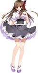  black_skirt blouse breasts brown_hair butterfly_hair_ornament corset empty_eyes full_body hair_ornament hair_ribbon high-waist_skirt high_heels large_breasts lifted_by_self long_hair looking_at_viewer meme_attire nagato_shizuki_(oshiro_project) official_art oshiro_project oshiro_project_re purple_footwear red_eyes ribbon skirt skirt_lift solo transparent_background virgin_killer_outfit white_blouse x_hair_ornament yuuki_kira 