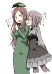  2girls :d ange_(princess_principal) arms_behind_back bangs black_dress black_neckwear blush bow bowtie brown_hair closed_eyes dorothy_(princess_principal) dress eyebrows_visible_through_hair green_dress grey_hair hair_between_eyes hands_up head_tilt long_hair long_sleeves looking_at_another multicolored multicolored_clothes multicolored_dress multiple_girls open_mouth pantyhose parted_bangs piripun princess_principal profile purple_legwear simple_background smile translated very_long_hair white_background 