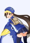  1girl arm_rest artist_name ass backpack bag blush brown_eyes brown_hair disgaea elach hat jacket kazamatsuri_fuuka leaning leaning_forward long_hair long_sleeves looking_at_viewer makai_senki_disgaea_4 miniskirt open_mouth panties pantyshot prinny shadow skirt smile sweatdrop thighhighs twintails very_long_hair zettai_ryouiki 