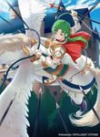  40hara armor arrow bangs blue_sky boots breastplate cape castle cloud commentary company_connection copyright_name day elbow_gloves fingerless_gloves fire_emblem fire_emblem:_seima_no_kouseki fire_emblem_cipher gloves green_eyes green_hair highres holding holding_weapon long_hair looking_at_viewer official_art outdoors pegasus pegasus_knight pelvic_curtain polearm rain_of_arrows shoulder_armor shoulder_pads sky solo spear thigh_boots thighhighs tied_hair vanessa_(fire_emblem) weapon wings 