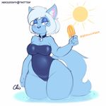  2017 anthro azure_(nekocrispy) bell_collar blue_eyes clothed clothing collar feline female food hair hi_res inner_ear_fluff looking_at_viewer mammal nekocrispy one-piece_swimsuit popsicle short_hair solo sun swimsuit 