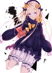  abigail_williams_(fate/grand_order) amacha bangs black_hat blonde_hair bloomers blue_eyes blush bow bug butterfly closed_mouth commentary dress fate/grand_order fate_(series) hair_bow hat head_tilt highres insect long_hair long_sleeves looking_at_viewer orange_bow parted_bangs polka_dot polka_dot_bow purple_bow purple_dress sleeves_past_fingers sleeves_past_wrists solo stuffed_animal stuffed_toy teddy_bear underwear white_background white_bloomers 