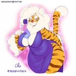  2017 anthro breasts buxbi_(character) cleavage clothed clothing feline female hair half-closed_eyes hi_res looking_at_viewer mammal nekocrispy pink_nose solo stripes tiger white_hair 