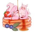  anthro blush breasts canine cervine deer female food hybrid jush looking_at_viewer mammal nipples nude pancake pussy smile solo spread_legs spreading syrup 