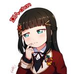  bangs blazer blunt_bangs blush brown_hair character_name closed_mouth collared_shirt dress_shirt eyebrows_visible_through_hair frown green_eyes hair_ornament hairclip half_updo head_tilt jacket kurosawa_dia langbazi long_sleeves looking_away love_live! love_live!_sunshine!! mole mole_under_mouth neck_ribbon red_ribbon ribbon school_uniform shirt signature solo white_background white_shirt wing_collar 