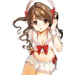  bangs bikini blush bow breasts brown_eyes brown_hair cleavage crop_top hand_in_hair hand_up hat idolmaster idolmaster_cinderella_girls long_hair looking_at_viewer medium_breasts midriff miniskirt navel open_mouth parted_lips red_bow see-through shimamura_uzuki shovelwell sidelocks simple_background sitting skirt smile solo striped striped_bikini swimsuit thigh_gap thighs two_side_up wavy_hair white_background wrist_cuffs 