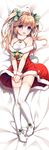  :d ahoge bangs bare_shoulders bell blush bow breasts christmas commentary_request dakimakura dress dress_tug eyes_visible_through_hair full_body fur-trimmed_dress fur_collar fur_trim garter_straps hair_between_eyes hair_bow hair_ribbon halterneck heart long_hair looking_at_viewer lying no_shoes off-shoulder_dress off_shoulder on_back open_mouth purple_eyes red_dress revision ribbon shirt small_breasts smile solo thighhighs two_side_up v_arms vauquelin_(zhan_jian_shao_nyu) white_legwear white_shirt wristband xia_xiang_(ozicha) zhan_jian_shao_nyu 