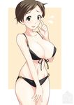  1girl bikini black_bikini blush breasts brown_eyes brown_hair cleavage girls_und_panzer large_breasts ootori_masatsuna ritaiko_(girls_und_panzer) short_hair smile solo 