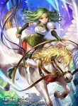  armor blue_sky boots breastplate commentary company_name copyright_name day dress feathers fire_emblem fire_emblem:_seima_no_kouseki fire_emblem_cipher green_eyes green_hair headband holding holding_weapon long_hair looking_at_viewer official_art outdoors pegasus pegasus_knight short_dress sky smile syrene thigh_boots thighhighs uroko_(mnr) weapon wings zettai_ryouiki 