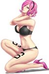  black_bra black_hairband black_panties blue_eyes bra breasts cleavage collarbone from_side full_body hairband hands_in_hair head_tilt high_heels highres large_breasts looking_at_viewer navel one_knee one_piece panties pink_footwear pink_hair shiny shiny_skin short_hair side_ponytail simple_background solo tattoo toten_(der_fuhrer) underwear underwear_only vinsmoke_reiju white_background 