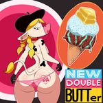  anthro beret big_butt blonde_hair bovine braided_hair breasts butt butter camel_toe cattle clothed clothing dairy_air dessert ear_piercing english_text female food hair hat ice_cream lipstick lonbluewolf looking_back makeup mammal mascot nipples panties piercing rear_view tattoo text topless underwear 