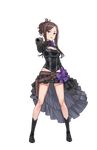  belt black_footwear black_gloves black_skirt boots bow breasts brown_hair cleavage dorothy_(princess_principal) full_body gloves groin gun hair_bun highres holding holding_gun holding_weapon long_hair looking_at_viewer makaria medium_breasts official_art princess_principal princess_principal_game_of_mission purple_bow purple_eyes skirt solo standing transparent_background weapon 