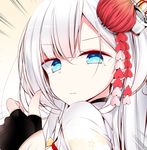  azur_lane bangs black_gloves blue_eyes close-up commentary_request emphasis_lines eyebrows_visible_through_hair fingerless_gloves floral_print gloves hair_between_eyes hair_ornament highres japanese_clothes kanzashi kimono long_hair looking_at_viewer mole mole_under_eye oouso parted_lips shoukaku_(azur_lane) silver_hair solo thumbs_up tsumami_kanzashi white_hair 