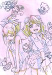  bow bracelet bracelet_girls colored_pencil_(medium) duel_monster graphite_(medium) hair_bow highres hiiragi_yuzu jacket jewelry looking_at_viewer multiple_girls necktie ponytail serena_(yuu-gi-ou_arc-v) shirt short_hair shorts siblings sisters traditional_media twin_switch twins twintails wakewaka yuu-gi-ou yuu-gi-ou_arc-v 