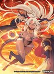  bodysuit breasts cape center_opening claw_pose copyright_name dark_skin facial_mark fire force_of_will forehead_mark glowing glowing_eyes horns large_breasts long_hair nail_polish navel official_art open_mouth pointy_ears red_eyes solo teeth thighhighs white_hair yuko_(uc_yuk) 