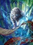  bamboo bamboo_forest blue_eyes copyright_name force_of_will forest glowing glowing_eyes leaf misa_tsutsui nature no_humans official_art scroll tiger white_tiger 