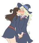  artist_name blonde_hair blue_eyes blush brown_hair dated diana_cavendish grey_background hat heart holding_hands kagari_atsuko kiss little_witch_academia long_hair multiple_girls short_ponytail surprise_kiss surprised ticcy witch_hat yuri 