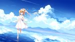  air bangs bare_arms bare_shoulders barefoot bird blonde_hair blue_eyes blue_ribbon blue_sky blush cloud collarbone commentary_request condensation_trail day dress dutch_angle eyebrows_visible_through_hair hair_between_eyes hair_ribbon highres kamio_misuzu long_hair looking_at_viewer mountain ocean outdoors parted_lips ribbon sky sleeveless sleeveless_dress smile solo sundress walking walking_on_liquid water white_dress white_ribbon xia_xiang_(ozicha) 