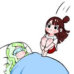  :&lt; :i bed black_eyes blush boyshorts brown_hair chibi closed_mouth diana_cavendish jumping kagari_atsuko legs_together light_green_hair little_witch_academia long_hair motion_lines multiple_girls on_bed pillow red_shorts rey_2911 shirt short_sleeves shorts simple_background sleep_mask sleeping under_covers v-shaped_eyebrows white_background white_shirt 