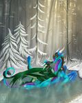  2017 black_hair blue_eyes blue_scales brown_hair detailed_background digital_media_(artwork) dragon duo featureless_crotch female feral hair horn minerea partially_submerged scales scalie smile snow water western_dragon yellow_eyes 