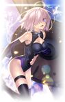  armor armored_boots black_armor black_legwear boots breasts cleavage cloud cloudy_sky fate/grand_order fate_(series) hair_over_one_eye highres large_breasts lens_flare looking_at_viewer mash_kyrielight navel official_art open_mouth pink_hair purple_eyes shield short_hair sky smile solo takeuchi_takashi thighhighs 