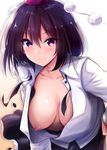  bangs black_hair black_skirt blush breasts brown_eyes buttons chipa_(arutana) closed_mouth collared_shirt commentary_request downblouse extended_downblouse eyebrows_visible_through_hair hair_between_eyes hand_on_hip hat large_breasts leaning_forward long_sleeves looking_at_viewer navel nipples no_bra pom_pom_(clothes) popped_button puffy_nipples shameimaru_aya shirt short_hair skirt smile solo tokin_hat touhou unbuttoned unbuttoned_shirt upper_body veiny_breasts wardrobe_malfunction white_shirt 