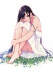  ane_naru_mono ass bangs bare_shoulders barefoot black_hair blush breasts chiyo_(ane_naru_mono) closed_mouth eyebrows_visible_through_hair flower full_body grass highres leg_hug legs_together long_hair looking_at_viewer medium_breasts no_panties off_shoulder on_grass pochi_(pochi-goya) purple_eyes simple_background sitting smile solo toenails very_long_hair white_background 