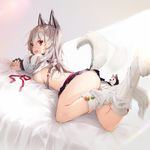  animal_ears ass azur_lane black_skirt braid breasts commentary dog_ears dog_tail fingernails legs legs_up long_hair looking_at_viewer looking_back lying medium_breasts miniskirt no_shoes on_bed on_stomach panties pleated_skirt red_eyes silver_hair skirt smile socks solo tail tail_wagging underboob underwear white_hair white_legwear white_panties yatsuha_(hachiyoh) yuudachi_(azur_lane) 