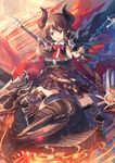  black_legwear breasts brown_eyes brown_hair craytm dragon draph dual_wielding elbow_gloves forte_(shingeki_no_bahamut) gloves granblue_fantasy highres holding horns large_breasts long_hair open_mouth pointy_ears polearm riding shingeki_no_bahamut skirt solo thighhighs weapon 