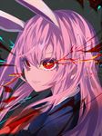  animal_ears blazer bunny_ears closed_mouth expressionless glowing glowing_eyes jacket lips long_hair purple_hair red_eyes red_neckwear reisen_udongein_inaba simple_background solo touhou uni_(bom19850101) upper_body very_long_hair 