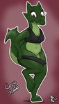  anthro bra breasts cleavage clothed clothing female full-length_portrait green_scales green_tail kobold looking_down monohors3 navel panties panties_down partially_clothed portrait pussy red_eyes reptile scales scalie short_stack smile solo spiked_tail thick_thighs underwear undressing 