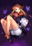  abigail_williams_(fate/grand_order) bangs black_bow black_dress black_hat blonde_hair bloomers blue_eyes blush bow bug butterfly closed_mouth commentary_request dress eyebrows_visible_through_hair fate/grand_order fate_(series) hair_bow hat insect long_hair long_sleeves looking_at_viewer object_hug orange_bow parted_bangs polka_dot polka_dot_bow purple_background saisarisu simple_background sleeves_past_wrists solo stuffed_animal stuffed_toy teddy_bear underwear very_long_hair white_bloomers 