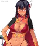  abs bikini black_hair bracer breasts china_dress chinese_clothes dark_skin dress eyebrows_visible_through_hair gan_ning genderswap genderswap_(mtf) hand_on_hip highleg highleg_bikini large_breasts long_hair multicolored_hair nakamura_yukitoshi navel original red_bikini red_eyes red_hair sangoku_hime sangoku_hime_5 short_sleeves side-tie_bikini simple_background smile solo swimsuit toned two-tone_hair underbust very_long_hair white_background 