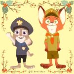  3_toes absurd_res anthro badge canine clothed clothing costume dipstick_ears disney duo eyelashes female fox fur green_eyes hat hi_res judy_hopps lagomorph male mammal nick_wilde open_mouth open_smile pikaristar pink_nose purple_eyes rabbit raised_arm simple_background smile standing toes yellow_background young zootopia 