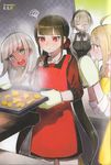  4girls ahoge akamatsu_kaede angry apron black_hair blonde_hair blue_eyes cooking danganronpa dark_skin dres eyes_closed food gloves group hair_ornament happy harukawa_maki headdress jewelry long_hair momose multiple_girls musical_note musical_note_hair_ornament necklace necktie new_danganronpa_v3 open_mouth purple_eyes red_eyes short_hair smile sweater sweater_vest tie tied_hair toujou_kirumi twintails yonaga_angie 