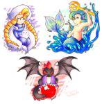  alkanet black_skin blonde_hair blue-hair blush bubble bust-a-move develon dragon fangs female hair hat human male mammal marine marino melee_weapon merfolk polearm puzzle_bobble red_eyes snow snowman trident water weapon wings yukipyro 