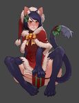  animal_ears bell blue_fur blue_hair blush bow bowtie capelet cat_ears cat_tail christmas claws closed_mouth dress embarrassed english fur fur_trim furrowed_eyebrows gift grey_background hair_between_eyes hat highres jingle_bell less looking_at_viewer monster_girl no_panties original paws red_capelet red_dress red_hat santa_costume santa_hat short_dress short_hair simple_background solo spread_legs tail tail_ornament yellow_neckwear 