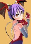  1girl apples bat_wings capcom eating food head_wings lilith_aensland pantyhose purple_hair short_hair solo vampire_(game) 
