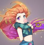  bare_shoulders blue_eyes bracelet braid chewing_gum crop_top half-closed_eyes hand_on_own_chest heterochromia jewelry league_of_legends long_hair looking_at_viewer midriff multicolored_hair navel necklace orange_hair purple_eyes purple_hair qingchen_(694757286) sarong scarf shirt sleeveless sleeveless_shirt solo sparkle striped striped_scarf two-tone_hair upper_body very_long_hair zoe_(league_of_legends) 