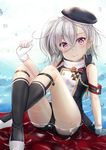  arm_support armband azur_lane bad_id bad_pixiv_id bangs beret black_hat black_jacket black_legwear black_shorts blush closed_mouth commentary_request crossed_legs eyebrows_visible_through_hair gloves hair_between_eyes hat head_tilt highres iron_cross jacket kneehighs long_hair looking_at_viewer military military_jacket military_uniform niiya pink_eyes shallow_water shoes short_shorts shorts side_ponytail silver_hair sitting smile solo uniform water_drop white_footwear white_gloves z1_leberecht_maass_(azur_lane) 